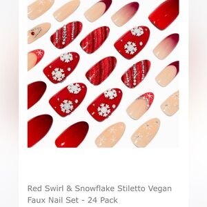 NIP Claire's Red Christmas 🎄 Stiletto Faux Nails w/Snowflake Design